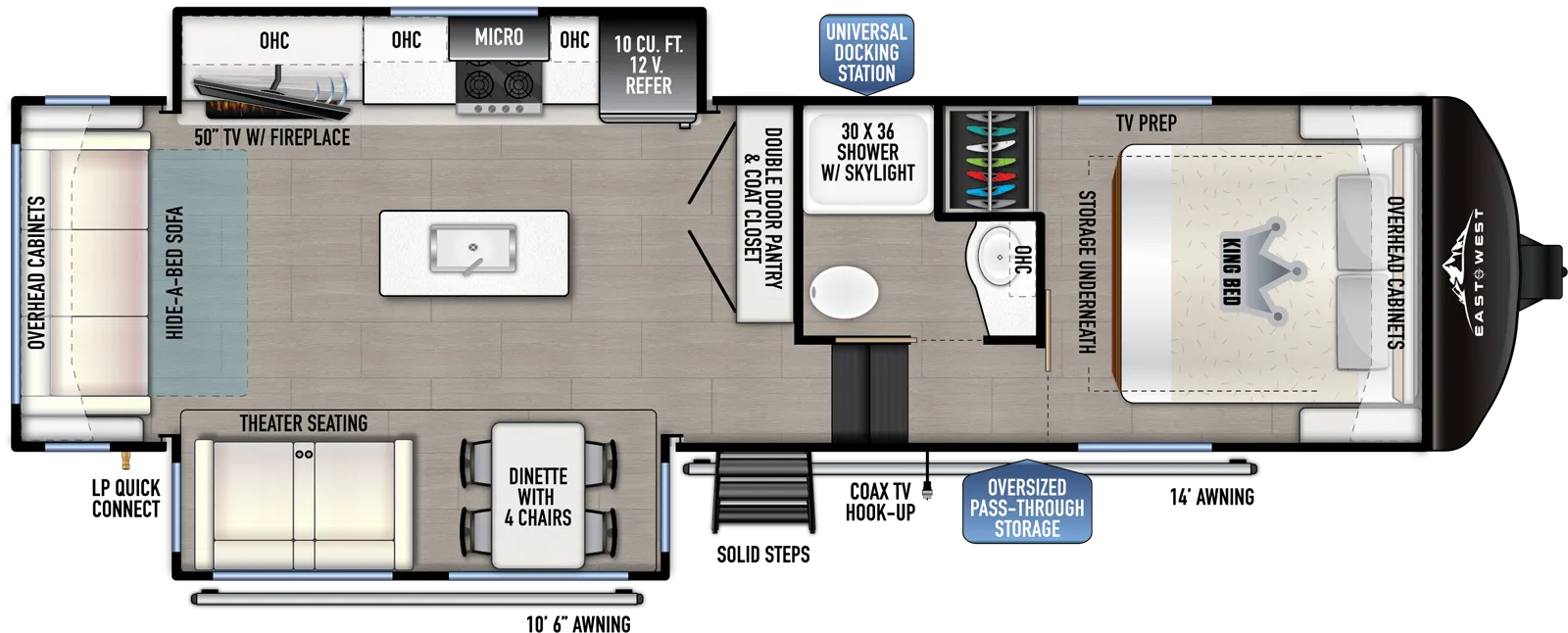 The 28RL has two slideouts and one entry. Exterior features an oversized pass through storage, universal docking station, MORryde Steps, coax TV hookup, 10 foot 6 inch awning and 14 foot awning, LP quick connect, and 2 inch towing hitch. Interior layout front to back: foot-facing king bed with storage underneath, overhead cabinets, and off-door side closet and TV prep; off-door side full bathroom with overhead cabinet and shower with skylight; steps down to main living area and entry; double door pantry and coat closet along inner wall; off-door side slideout with 12V refrigerator, overhead cabinet, microwave, cooktop, and TV with fireplace; kitchen island with sink and two extensions; door side slideout with free-standing dinette with storage ottoman, and theater seating; rear hide-a-bed sofa with overhead cabinet.